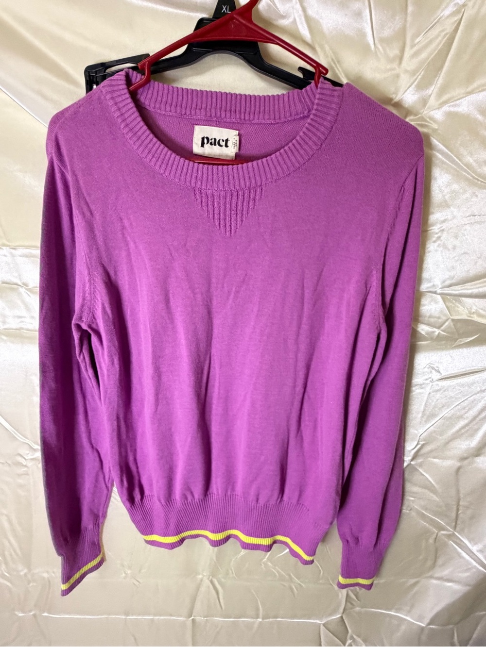 Pact Womens M Organic Cotton Purple Sweater Neon Stripe Crewneck Pullover